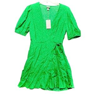A New Day Green Polka‎ Dot Wrap Dress Short Sleeve XS Womens